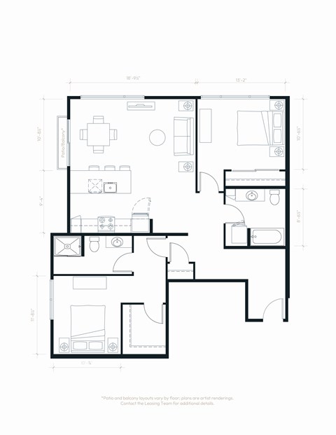 Floor plan for 2 beds, 2 baths, 1143 sqft